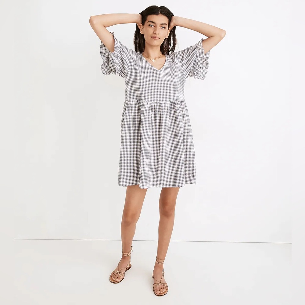 Ruffle-Sleeve Babydoll Dress in Seersucker Gingham